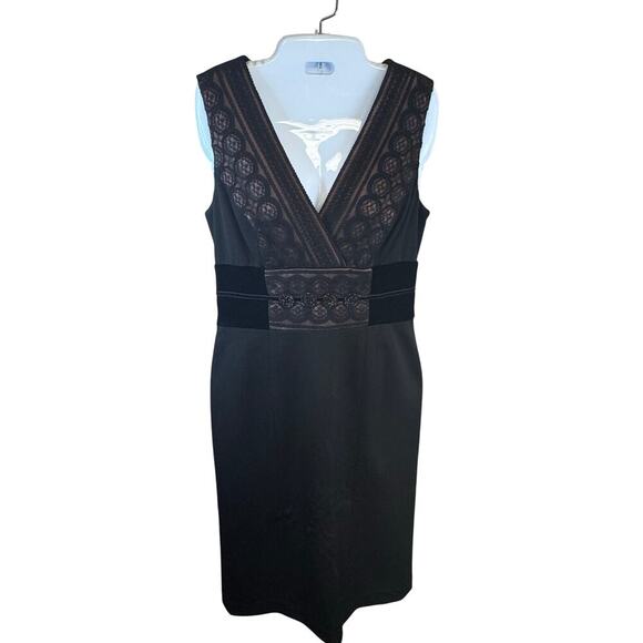 KAY UNGER Black Lace Overlay Bodice V Neck Knee Length Cocktail Dress Women's 8 - Picture 1 of 12